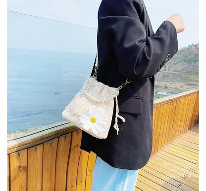 Bucket Pearl Faux Bag Woven Strap