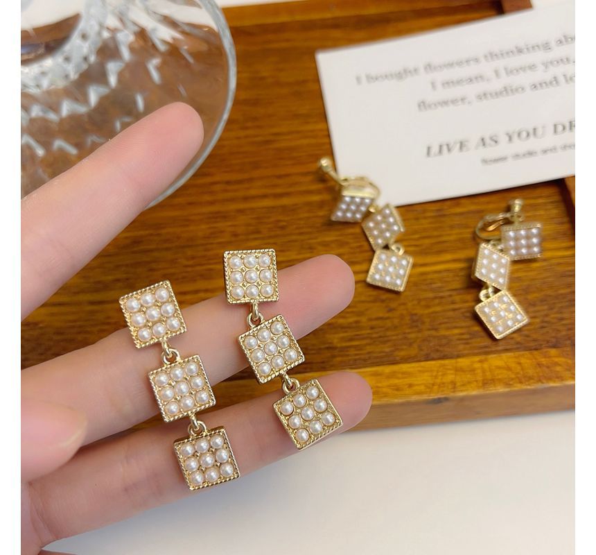 Alloy Pearl Earring Dangle Square Faux