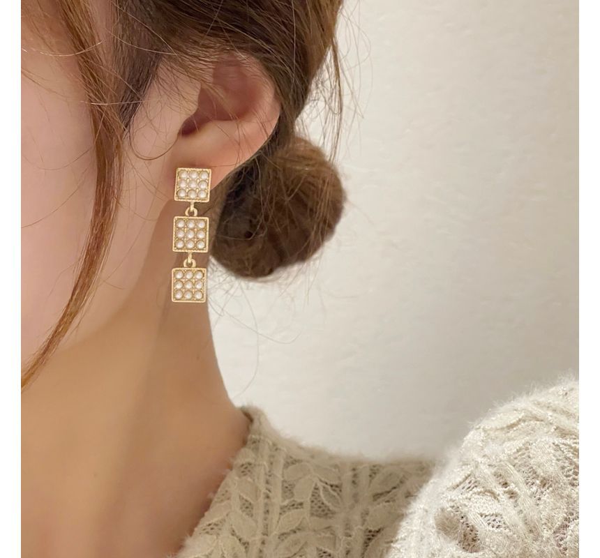 Alloy Pearl Earring Dangle Square Faux