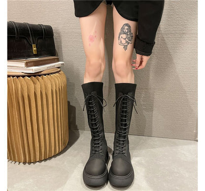 Sock Lace-Up Tall Platform Boots