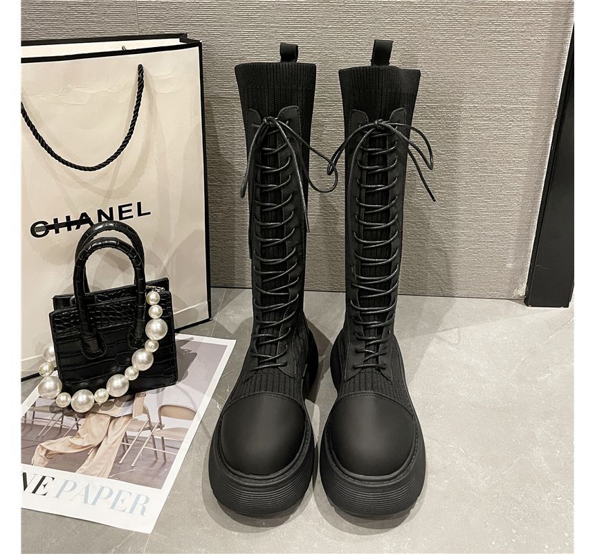 Sock Lace-Up Tall Platform Boots
