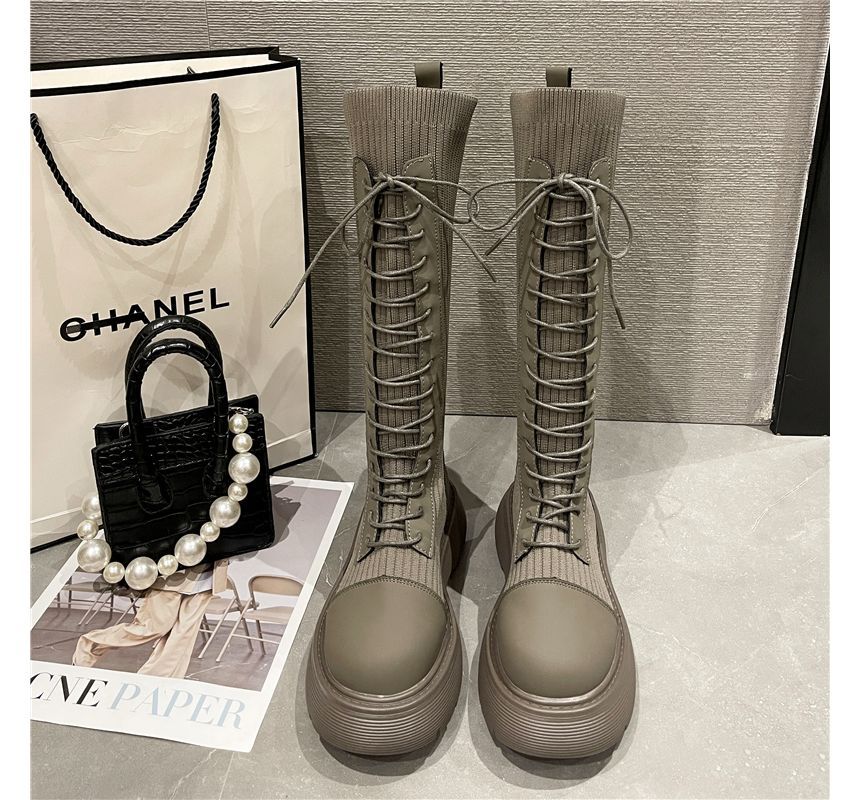 Sock Lace-Up Tall Platform Boots