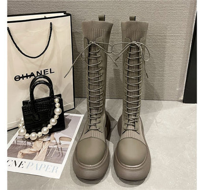 Sock Lace-Up Tall Platform Boots