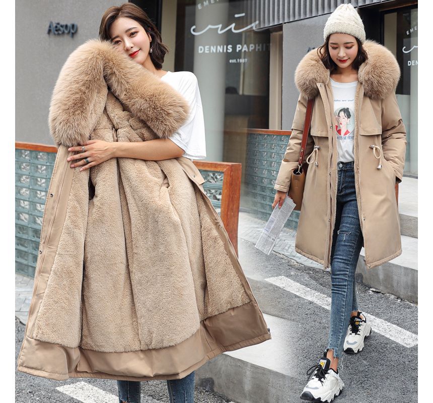 Fluffy Hooded Padded Zip-Up Long Coat