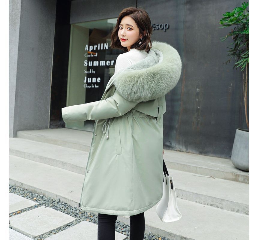 Fluffy Hooded Padded Zip-Up Long Coat