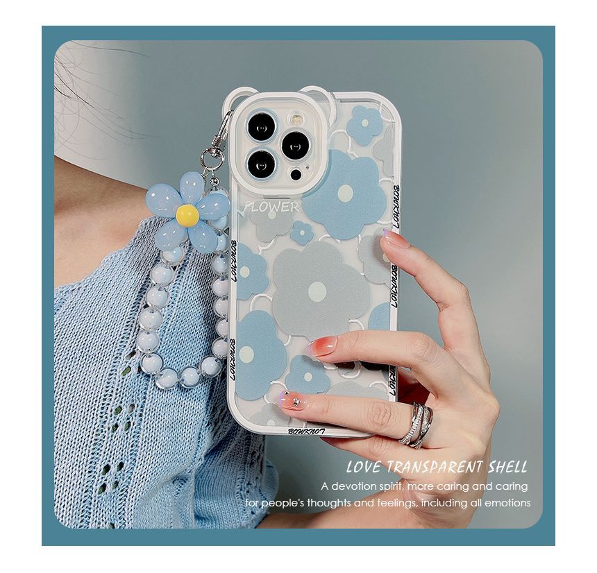 Bead Transparent Phone Case Chain Flower