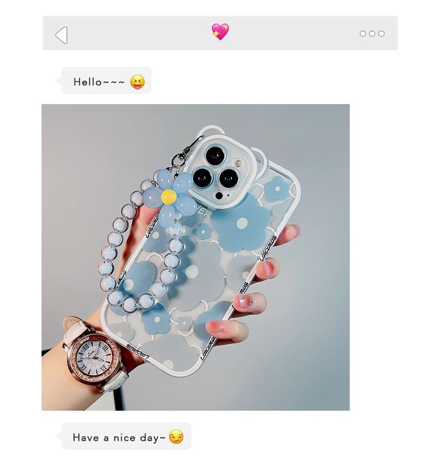 Bead Transparent Phone Case Chain Flower