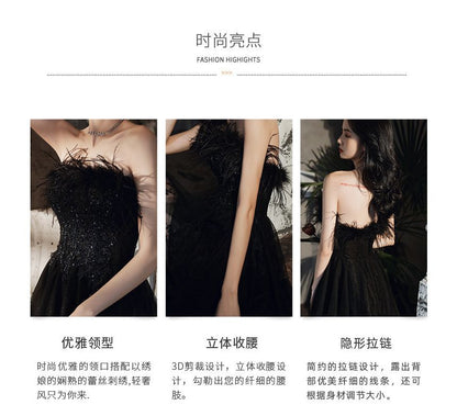 Strapless Evening Trim Sequined Gown Fluffy A-Line