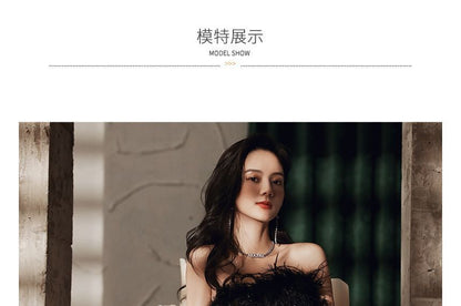 Strapless Evening Trim Sequined Gown Fluffy A-Line