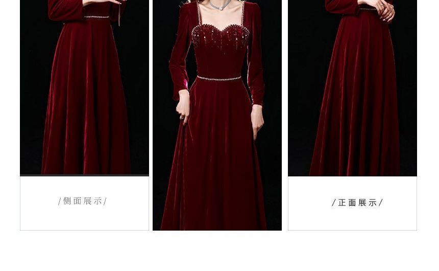 Long-Sleeve Sweetheart-Neckline Rhinestone A-Line Evening Gown