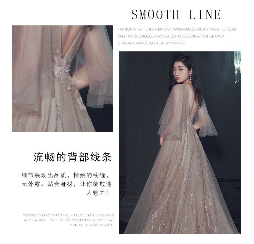 V-Neck Elbow-Sleeve Floral Print A-Line Evening Gown (Various Designs)