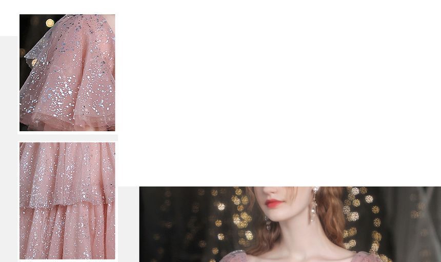 A-Line Short-Sleeve Sweetheart-Neckline Gown Evening Sequined Layered