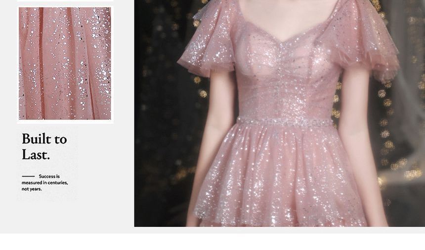 A-Line Short-Sleeve Sweetheart-Neckline Gown Evening Sequined Layered