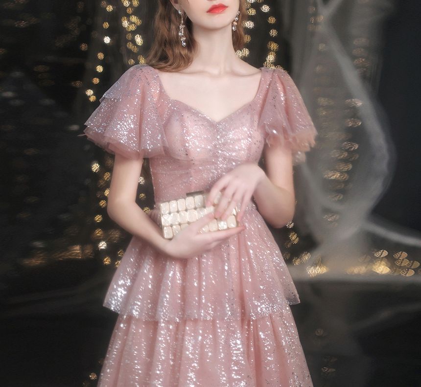 A-Line Short-Sleeve Sweetheart-Neckline Gown Evening Sequined Layered