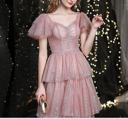 Short-Sleeve Sweetheart-Neckline Sequined A-Line Layered Evening Gown