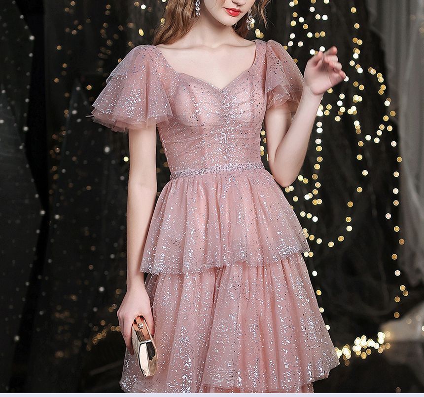 A-Line Short-Sleeve Sweetheart-Neckline Gown Evening Sequined Layered