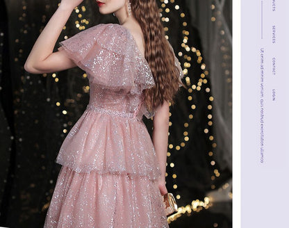 Short-Sleeve Sweetheart-Neckline Sequined A-Line Layered Evening Gown