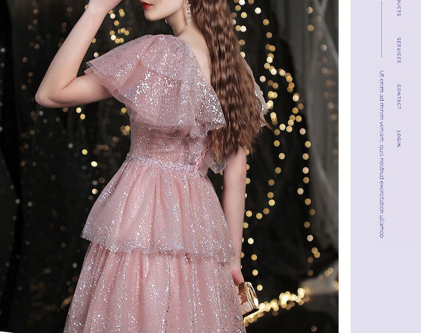 A-Line Short-Sleeve Sweetheart-Neckline Gown Evening Sequined Layered