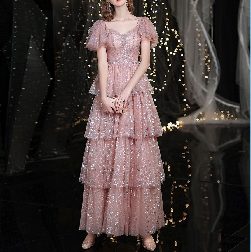 A-Line Short-Sleeve Sweetheart-Neckline Gown Evening Sequined Layered