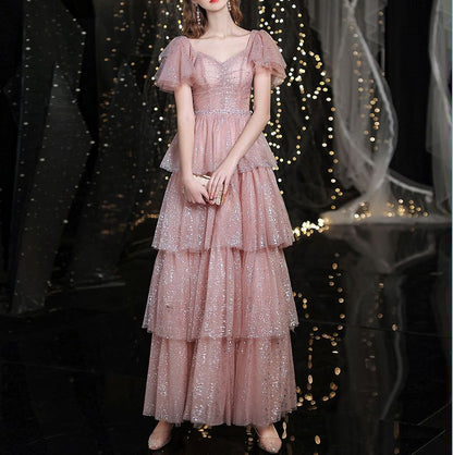 A-Line Short-Sleeve Sweetheart-Neckline Gown Evening Sequined Layered