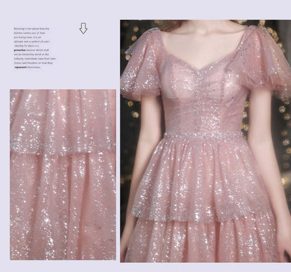 A-Line Short-Sleeve Sweetheart-Neckline Gown Evening Sequined Layered