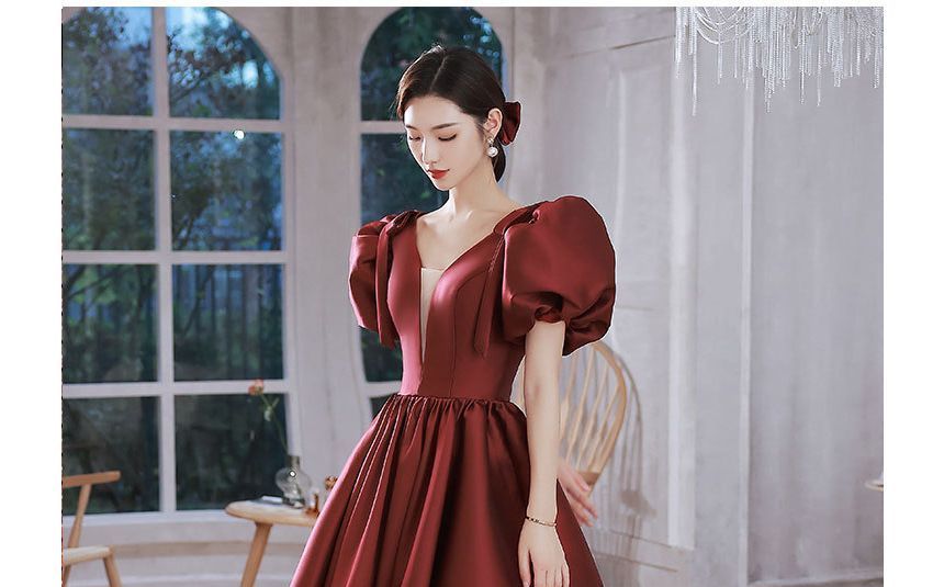 Puff-Sleeve Mesh Panel Plain A-Line Evening Gown