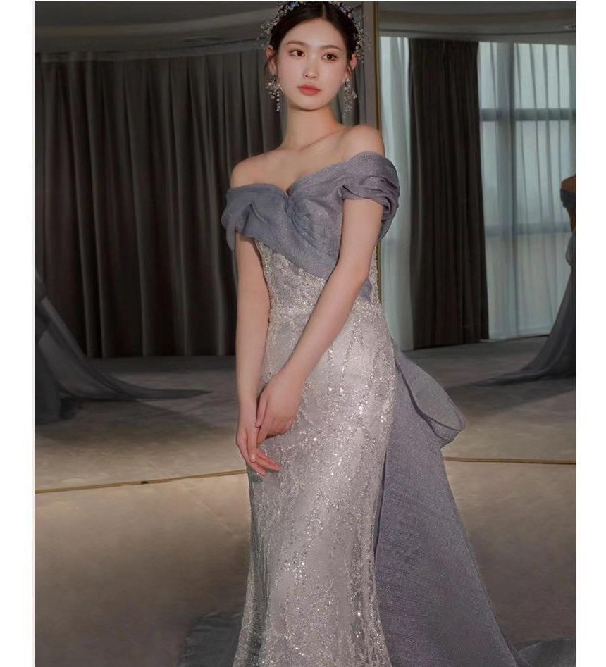 Mermaid Off-Shoulder Paneled Lace Gown Evening