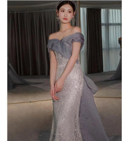 Mermaid Off-Shoulder Paneled Lace Gown Evening