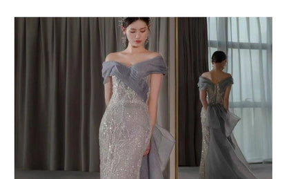 Mermaid Off-Shoulder Paneled Lace Gown Evening