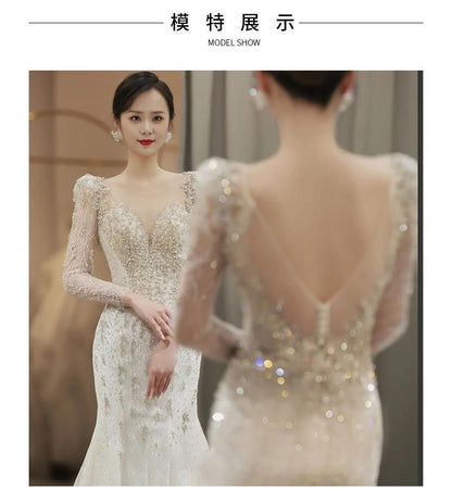 Long-Sleeve Open-Back Rhinestone Bodycon Wedding Gown