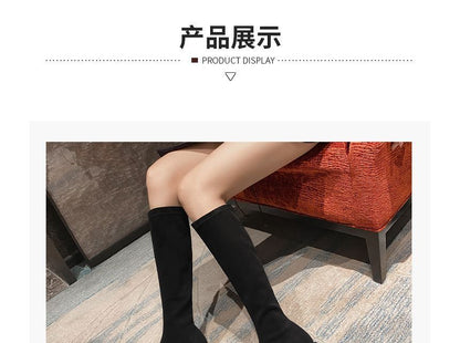 Knee-High Panel Square-Toe Boots Quilted Heel Block