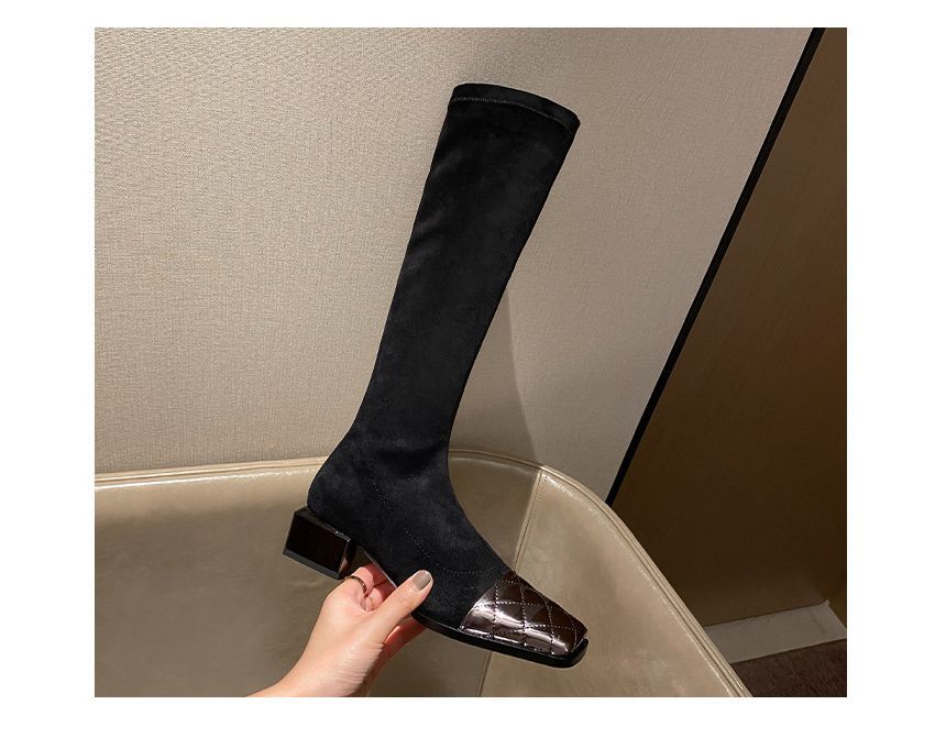 Knee-High Panel Square-Toe Boots Quilted Heel Block