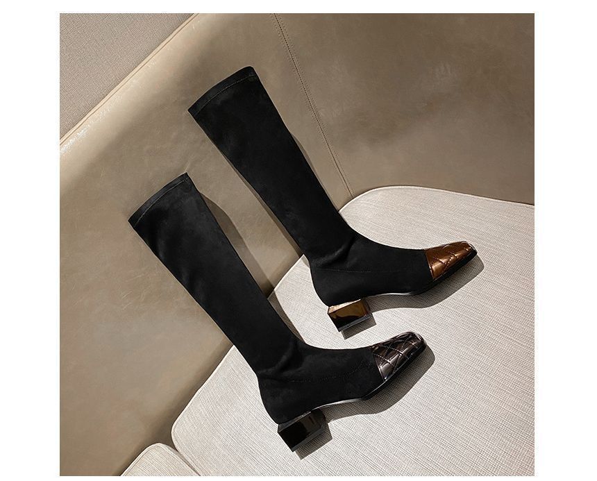 Knee-High Panel Square-Toe Boots Quilted Heel Block