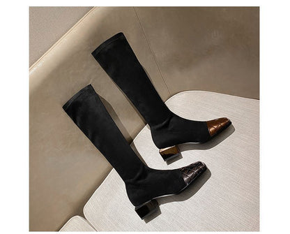 Knee-High Panel Square-Toe Boots Quilted Heel Block