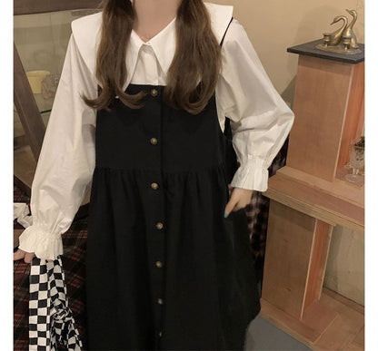 Long-Sleeve Collared Plain Blouse / Square-Neck Plain Midi Overall Dress