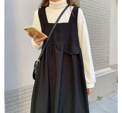 Mock Neck Plain Sweatshirt / Square Neck Midi A-Line Overall Dress