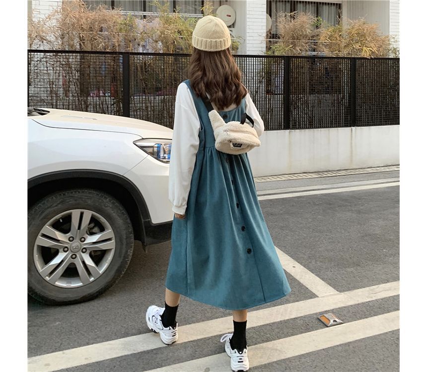 Mock Neck Plain Sweatshirt / Square Neck Midi A-Line Overall Dress