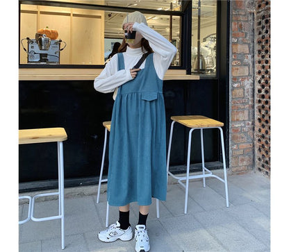 Mock Neck Plain Sweatshirt / Square Neck Midi A-Line Overall Dress