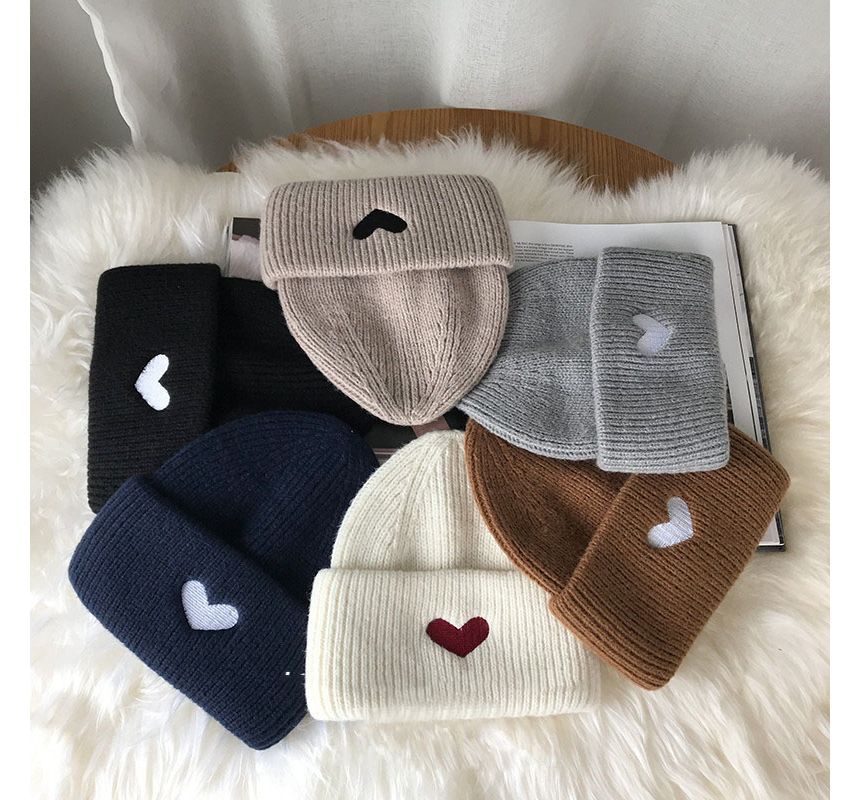 Embroidered Knit Heart Beanie