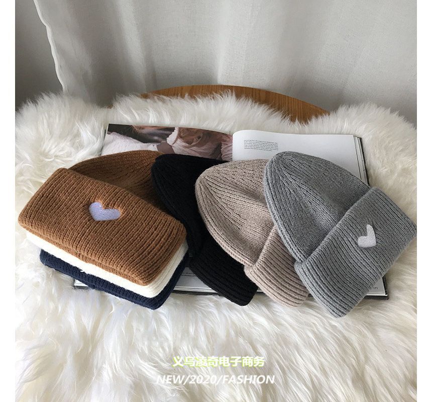 Embroidered Knit Heart Beanie