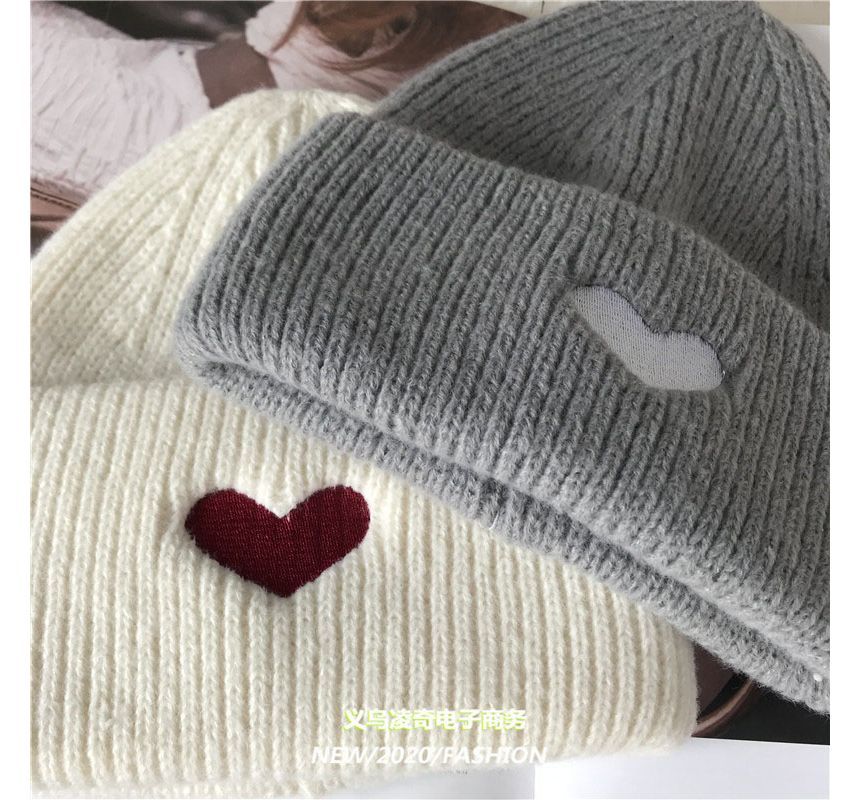 Embroidered Knit Heart Beanie