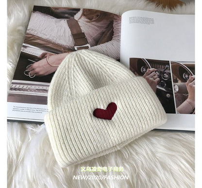 Embroidered Knit Heart Beanie