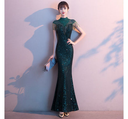 Short-Sleeve Sequin Fringed Trim Mermaid Evening Gown