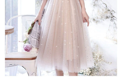 Puff-Sleeve Flower Embroidered Sequin Midi Cocktail Dress / A-Line Evening Gown