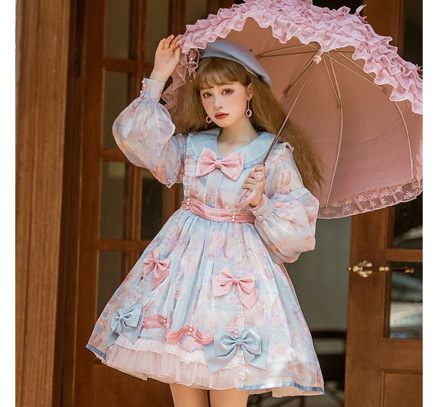 Puff-Sleeve Floral Print Bow Lolita Dress (Various Designs)