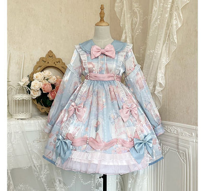 Puff-Sleeve Floral Print Bow Lolita Dress (Various Designs)