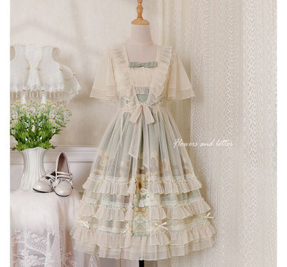 Wide Strap Floral Print Midi A-Line Layered Lolita Dress / Short-Sleeve Ruffle Blouse / Set