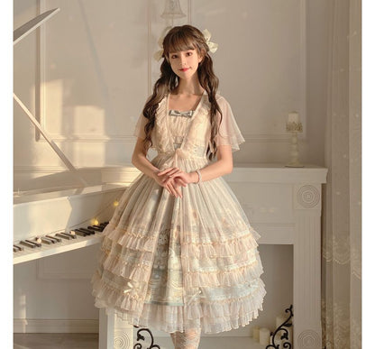 Wide Strap Floral Print Midi A-Line Layered Lolita Dress / Short-Sleeve Ruffle Blouse / Set