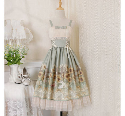 Wide Strap Floral Print Midi A-Line Layered Lolita Dress / Short-Sleeve Ruffle Blouse / Set