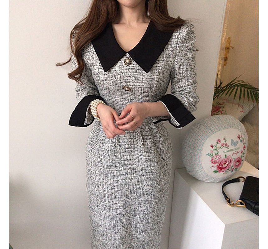 Long-Sleeve Contrast Collar Tweed Midi A-Line Dress